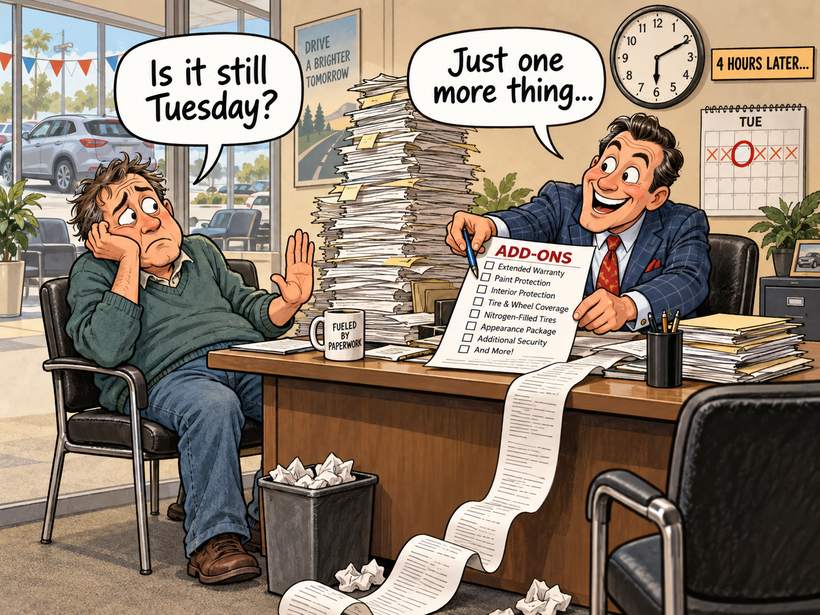 Cartoon of a weary customer across a desk from a salesman presenting a long list of add-ons