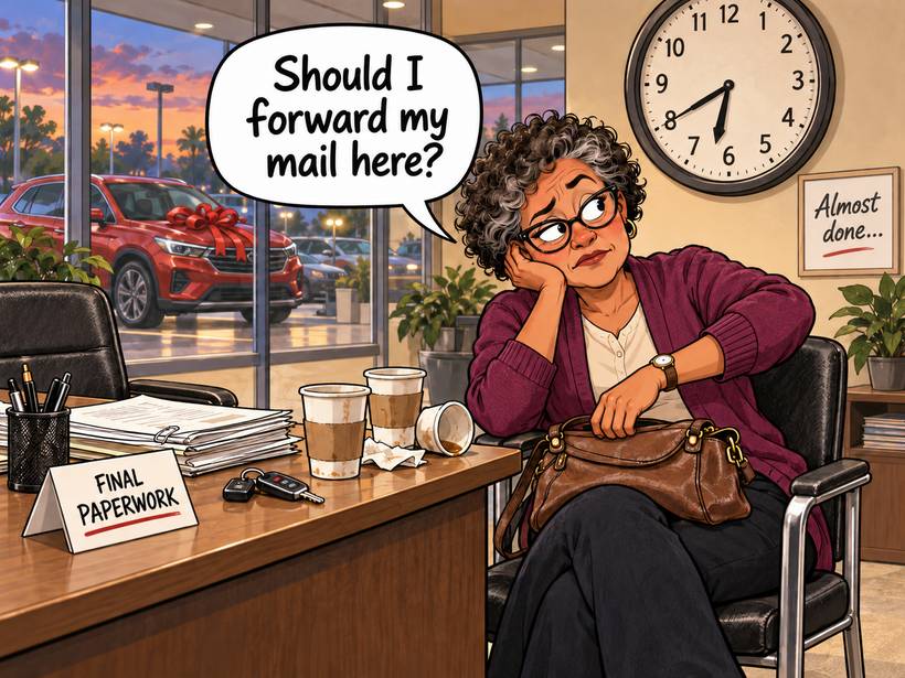Cartoon of a customer waiting at a dealership desk beside a stack of final paperwork