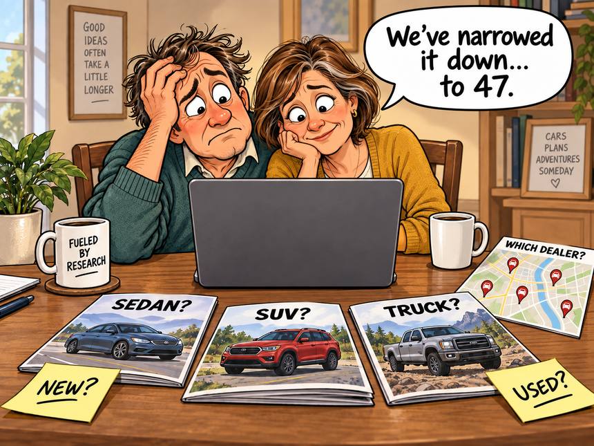 Cartoon of a couple at a laptop surrounded by brochures, overwhelmed by car choices